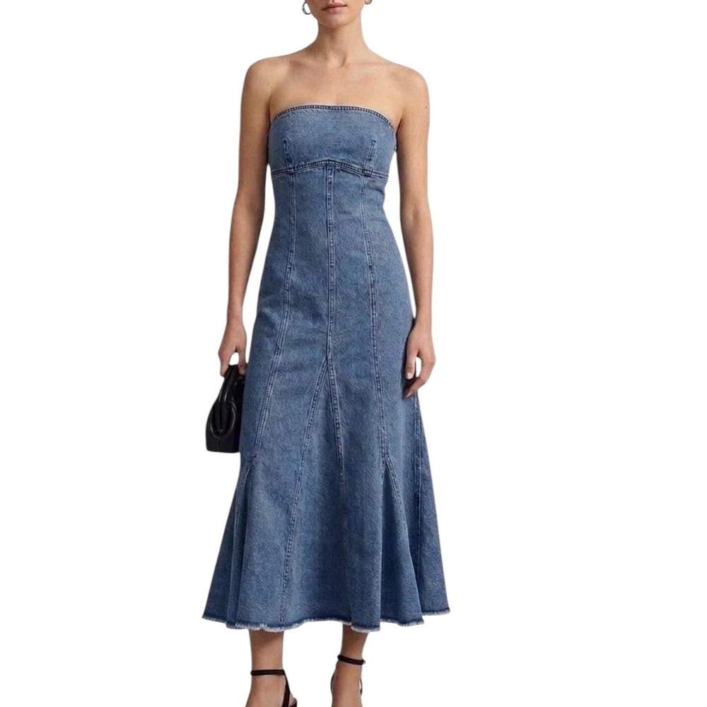 Free People Strapless Denim Midi Dress Medium Wash Blue Fit Flare 3X